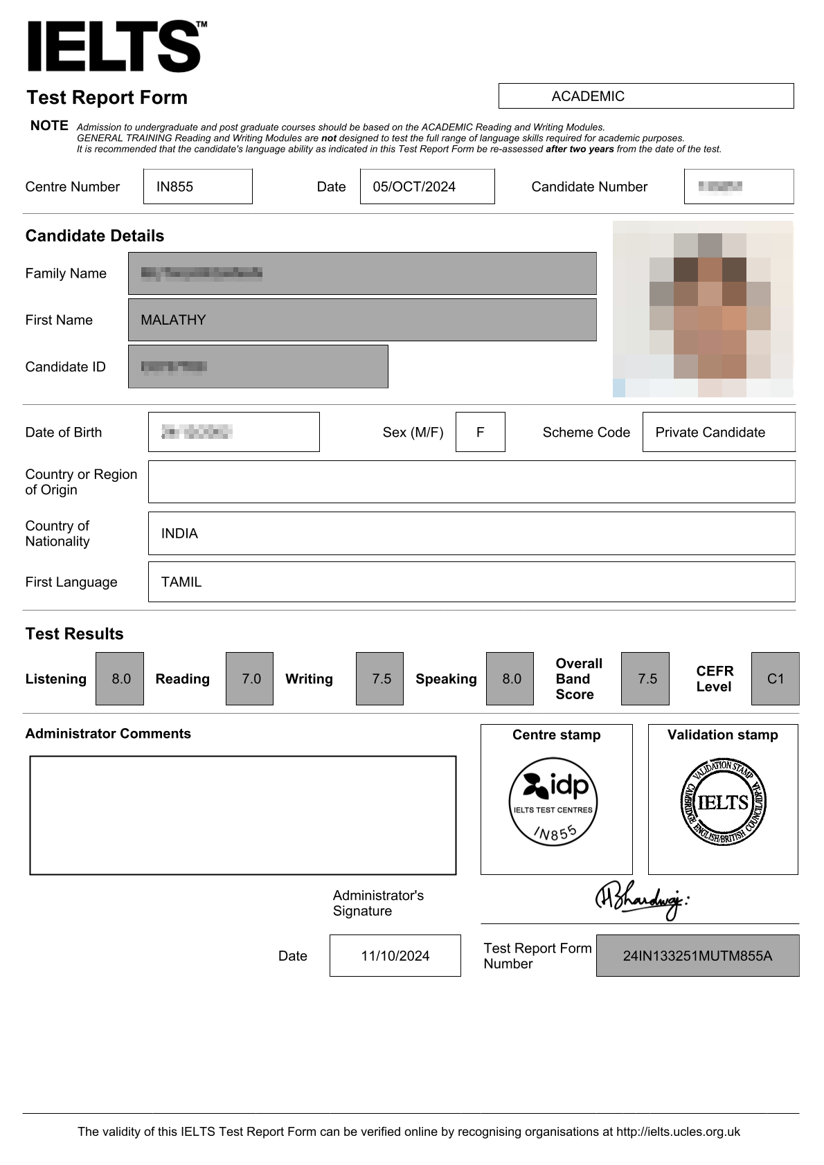 IELTS results of a student named Malathy from Mozhi Academy