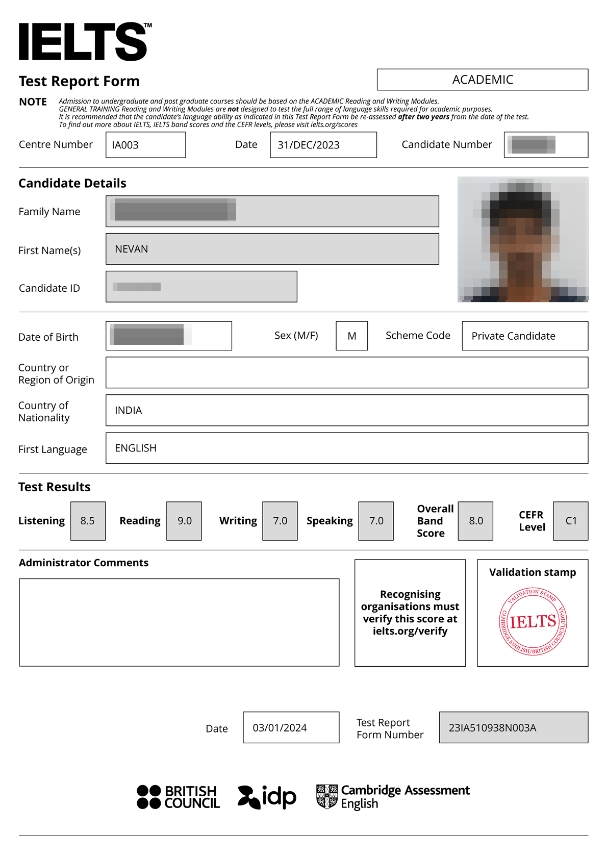IELTS results of a student named Nevan from Mozhi Academy
