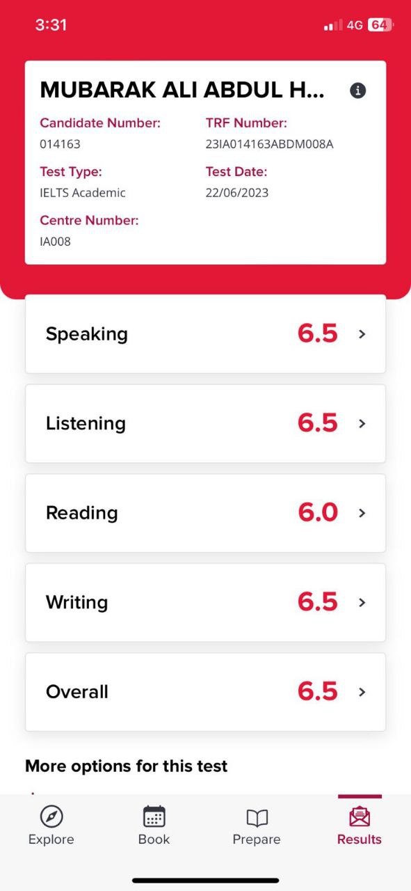 IELTS results of a student named Mubarak Ali from Mozhi Academy